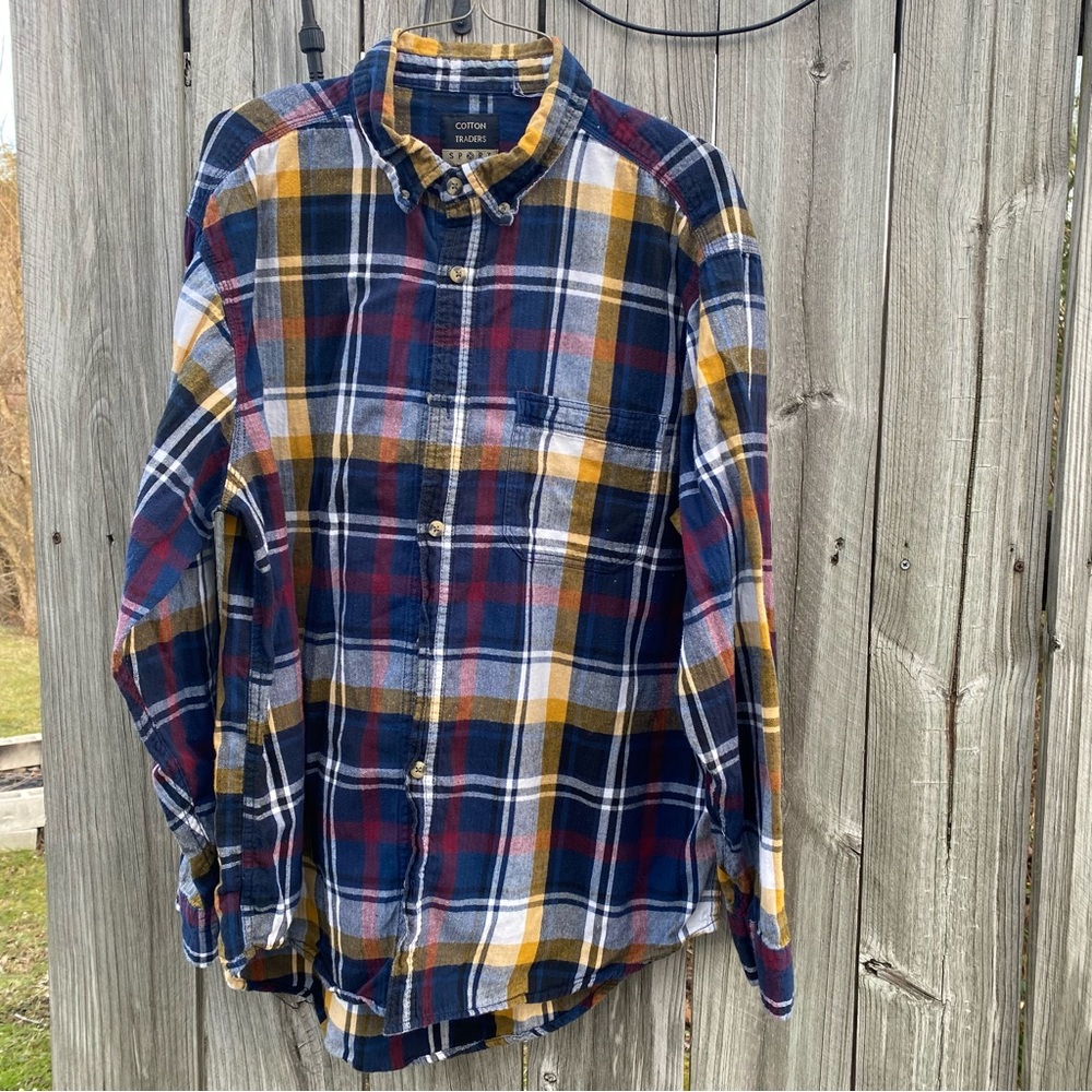 Plaid‎ Cotton Button Down Women Large Blue Yellow Sport Flannel Long Sleeve